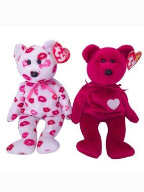 NWT Vintage Ty Beanie Bear Plush Set- Valentina‎ & Kissy- Valentine's Red & Pink